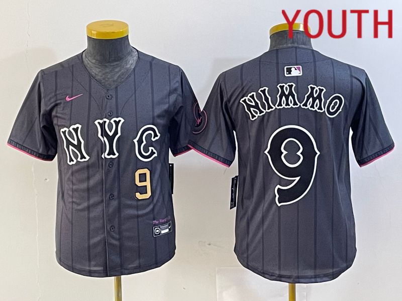 Youth New York Mets 9 Nimmo Black City Edition 2024 Nike MLB Jersey style 3